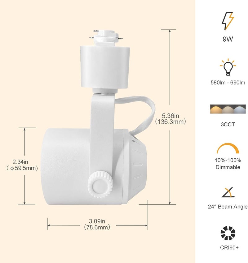 ARCFOX 9W 3 Color H Type Dimmable LED Track Lighting Heads, 3000K 4000K 5000K Selectable, 3 Wire CRI90 24° Angle Ceiling Spotlight for Accent Task Art Exhibition, ETL Listed (6 Pack,White) - Image 2